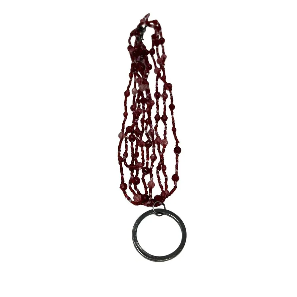 NY Necklace Multi Strand Red Pink Beads with Red Round Rhinestone Pendant‎